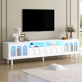 ON-TREND Cream Style TV Stand with LED Light Strip for TVs Up to 80'', Graceful Entertainment Center with 5 Solid Wood Legs