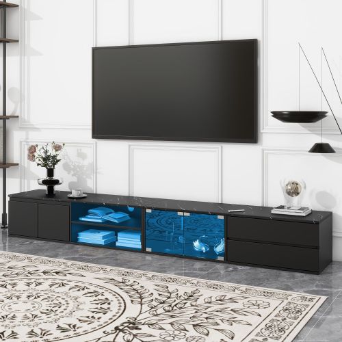 ON-TREND Modern APP Controlled LED TV Stand for TVs Up to 105'', Faux Marble Tabletop Media Console with Tempered Glass Doors