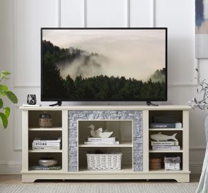 Mantel Stone TV Media Stand with with Faux Stacked Stone Surround, Modern Entertainment Console with Open Storage Space,WHITE, 58.31"W*15.39"D*26