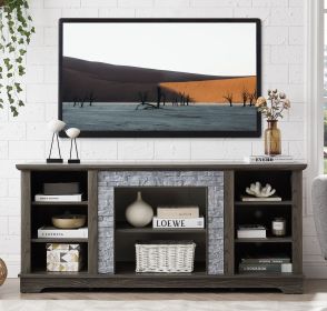 Mantel Stone TV Media Stand with with Faux Stacked Stone Surround, Modern Entertainment Console with Open Storage Space,Grey, 58.31"W*15.39"D*26.