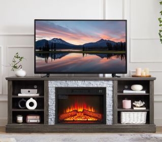 Large TV Desk Storage Rack with Faux Stacked Stone Surround,Media Console Table with Large Storage Cabinet,Modern TV Stand with 23" Fireplace Ins