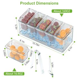Ice Chilled Condiment Caddy Serving Tray Container Bar Garnish Holder Salad Platter Server Food Storage with 5 Removable Containers 5 Lids 2 Tong