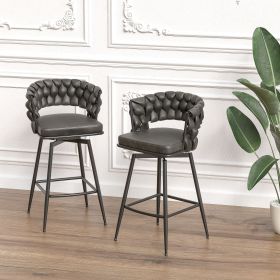 Technical Leather Woven Bar Stool Set of 2,Black legs Barstools No Adjustable Kitchen Island Chairs