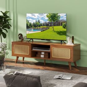 Mid Century Modern Rattan TV Stand for 55/60/65 inch TV , Entertainment Cabinet, Media Console for Living Room Bedroom Media Room