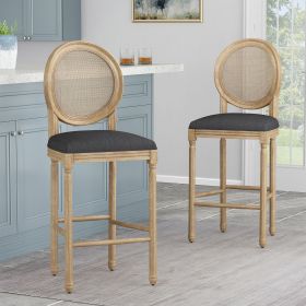 French Country cane bar stool 2 piece set with solid wood frame and upholstered seat, 30.25-inch bar stool
