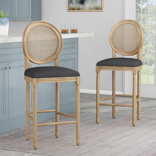 French Country cane bar stool 2 piece set with solid wood frame and upholstered seat, 30.25-inch bar stool