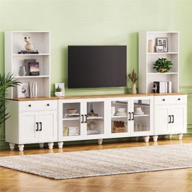 ON-TREND Farmhouse TV Stand with Solid Wood Gourd-Shaped Legs for TVs Up to 70", Entertainment Center with Bookshelves & Tempered Glass Doors