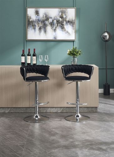 Set of 2 Bar Stools,with Chrome Footrest and Base Swivel Height Adjustable Mechanical Lifting Velvet + Chrome Leg Simple Bar Stool-BLACK