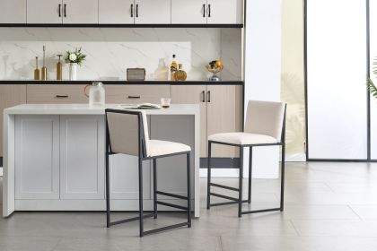 Counter Height Bar Stools Set of 2, Upholstered Linen Bar Chairs, Metal Footrest and Frame for Kitchen,Dining Room-IVORY
