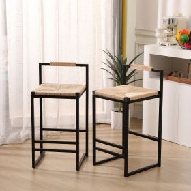 Set of 2 Bar Stools with Back Paper Rope Woven Counter Height Dining Chairs for Kitchen, Home (Paper Rope with Back) (Color: as Pic)