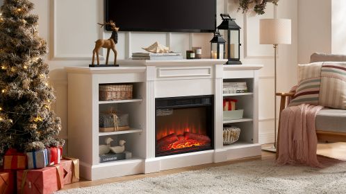 Media Console Table with Large Storage Cabinet, with 23" Fireplace Insert, for TV Up to 70'', Modern TV Media Entertaionment Stand, White (Color: as Pic)