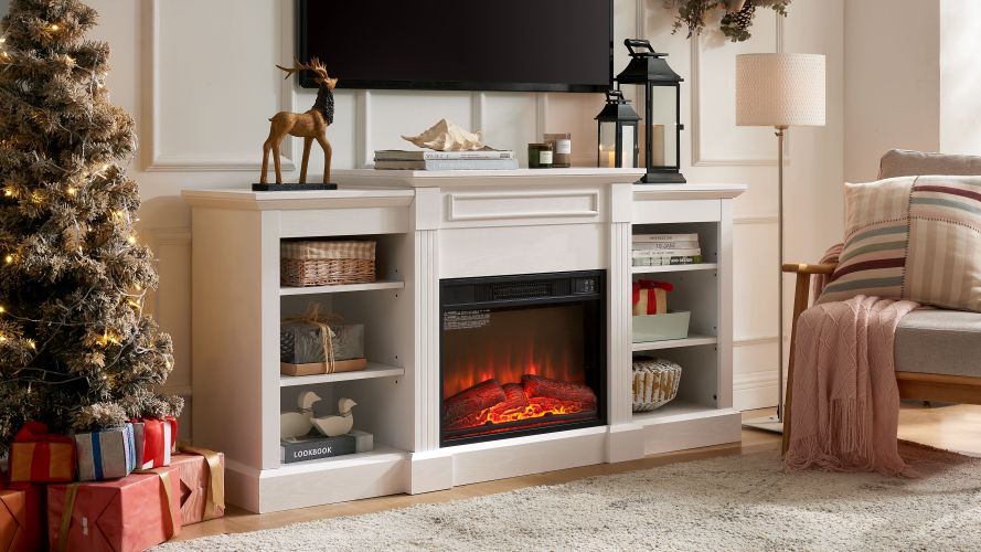 Media Console Table with Large Storage Cabinet, with 23" Fireplace Insert, for TV Up to 70'', Modern TV Media Entertaionment Stand, White