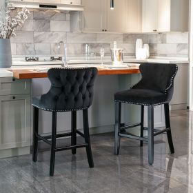 A&A Furniture,Contemporary Velvet Upholstered Wing-Back Barstools with Button Tufted Decoration and Wooden Legs, and Chrome Nailhead Trim (Color: as Pic)