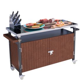 Outdoor Grill Cart with Stainless Steel Tabletop, Storage, Patio Kitchen Island with Wheels, Hooks, and Spice Rack, Waterproof Outdoor Grill Tabl (Color: as Pic)