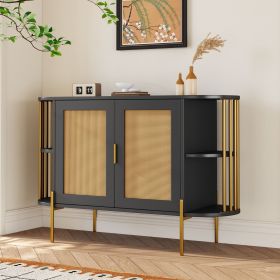 2-Door Elegant Curved Dining Cabinet with Gold Trim and Woven Rattan Doors for Dining Room (Material: Particle Board, Color: Black)