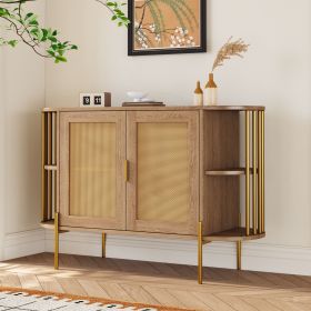 2-Door Elegant Curved Dining Cabinet with Gold Trim and Woven Rattan Doors for Dining Room (Material: Particle Board, Color: Natural)