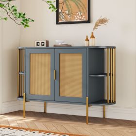 2-Door Elegant Curved Dining Cabinet with Gold Trim and Woven Rattan Doors for Dining Room (Material: Particle Board, Color: Dark Gray)