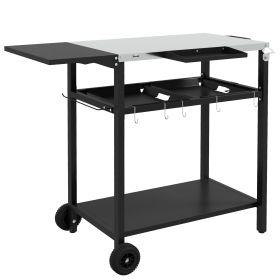 Outsunny Outdoor Bar Cart with Stainless Steel Tabletop, Kitchen Island with Wheels, 2 Tiers & Seasoning Shelf, Patio Serving Cart with Hooks (Color: as Pic)