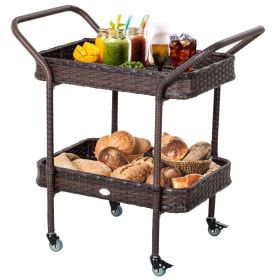 Outsunny Rattan Wicker Serving Cart with 2-Tier Open Shelf, Outdoor Wheeled Bar Cart with Brakes for Poolside, Garden, Patio (Color: as Pic)