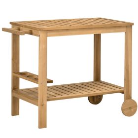 Outsunny Outdoor Bar Cart, Wood Rolling Home Bar & Serving Cart with 2 Shelves, Wine Bottle Holders for Garden, Dining Room, Natural (Color: as Pic)