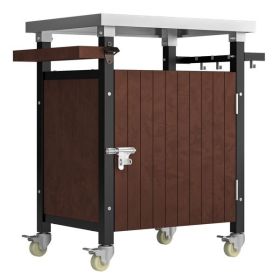 Outdoor Grill Cart with Stainless Steel Tabletop, Patio Kitchen Island with Wheels, Hooks, and Spice Rack, Waterproof Outdoor Grill Table (Color: as picture)