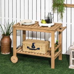 Outsunny Outdoor Bar Cart, Wood Rolling Home Bar & Serving Cart with 2 Shelves, Wine Bottle Holders for Garden, Dining Room, Natural (Color: multicolor)